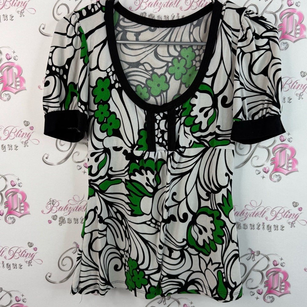 T-shirt Y2K puff shoulder flowers Floral Black white Green Women's Top milkmaid